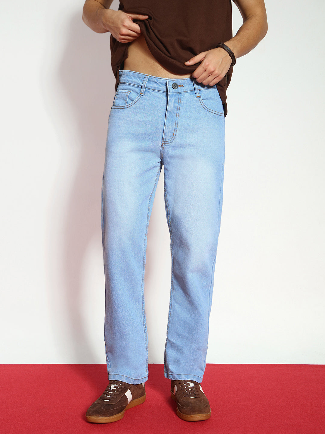 Men's Ice Blue Straight Fit Washed Jeans Stretchable