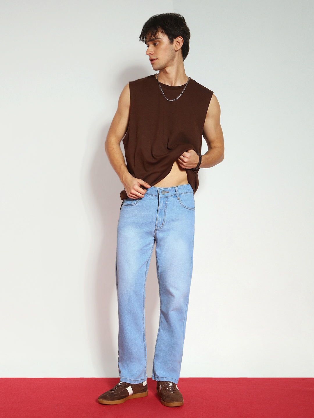 Men's Ice Blue Straight Fit Washed Jeans Stretchable