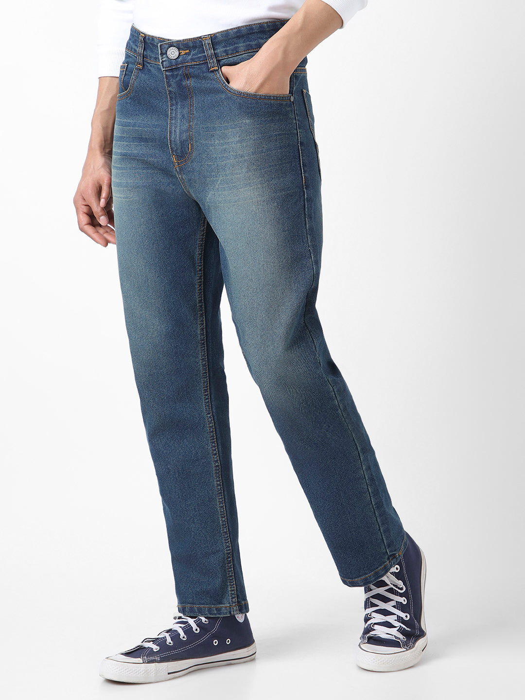Men's Blue Straight Fit Washed Jeans Stretchable