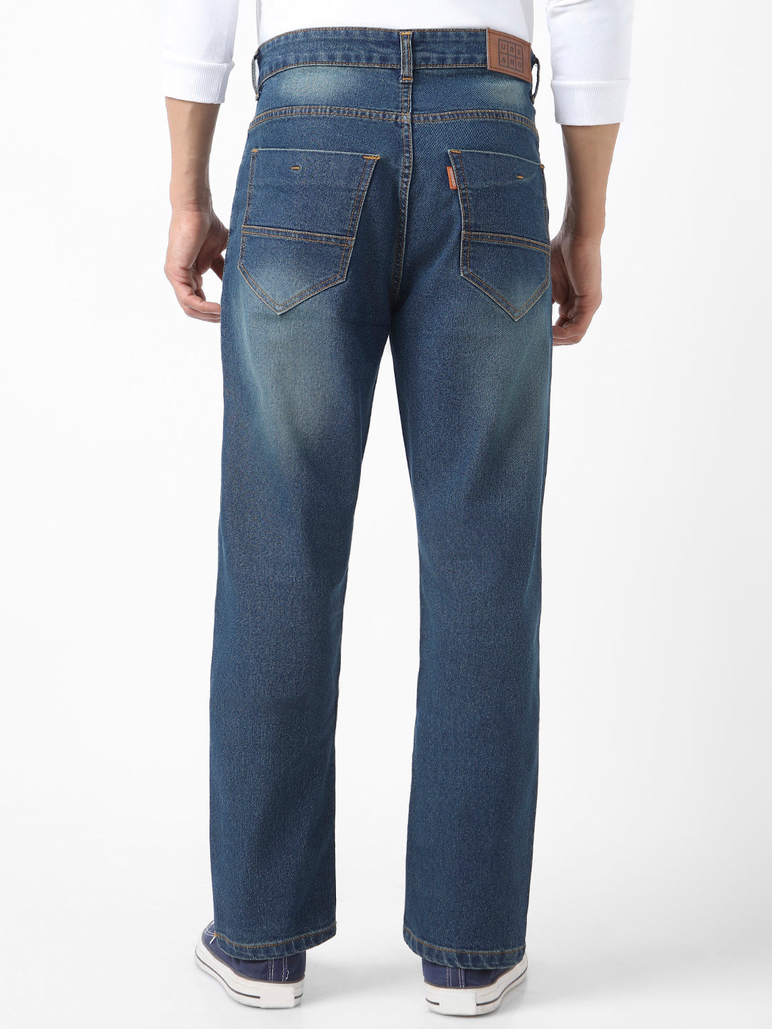 Men's Blue Straight Fit Washed Jeans Stretchable