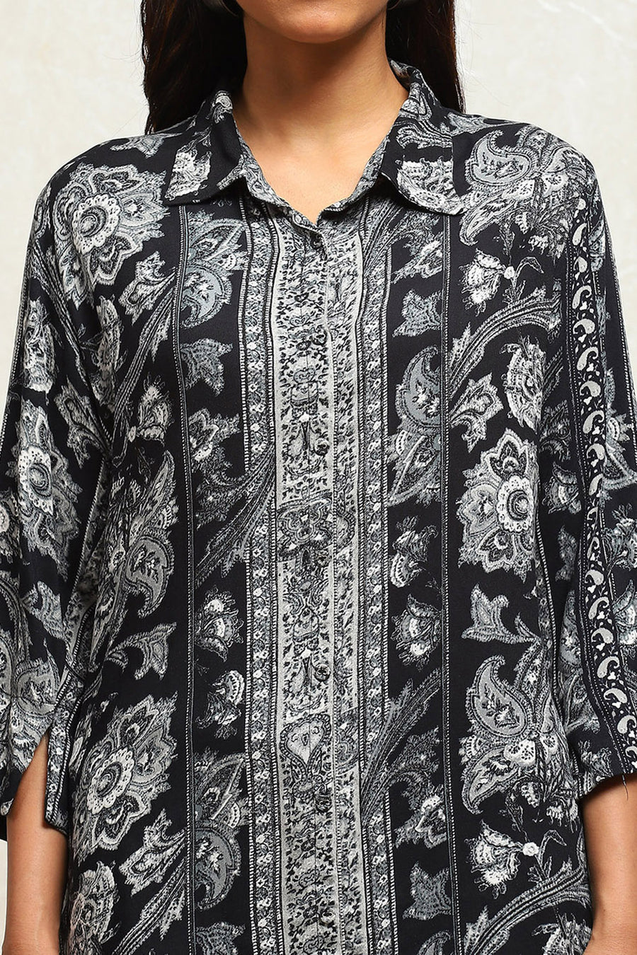 Black Printed Shirt-Style Kurti Co-ord Set CO87
