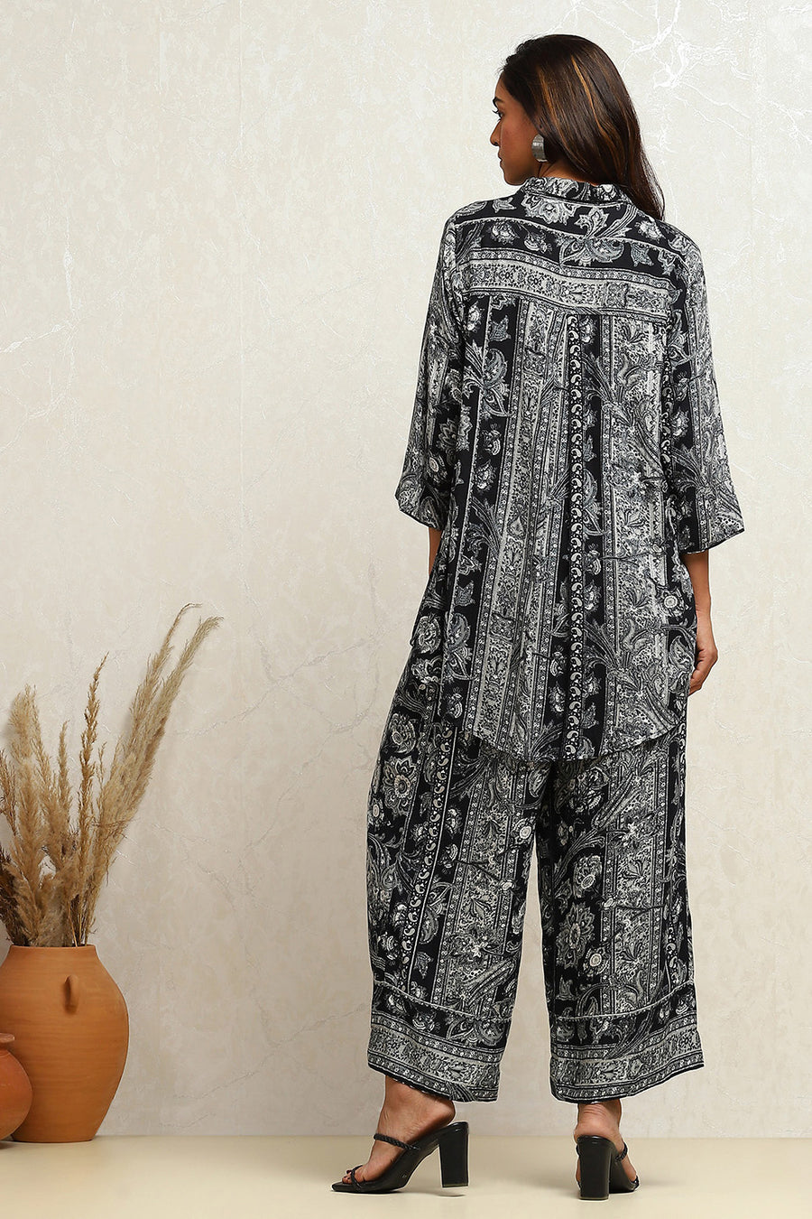 Black Printed Shirt-Style Kurti Co-ord Set CO87