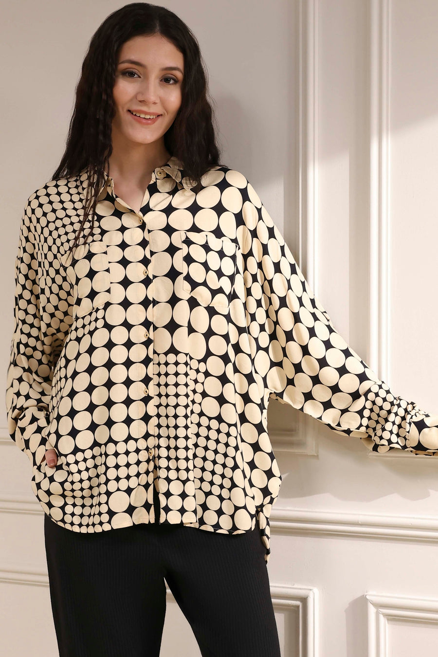 Ivory Viscose Asymmetric Printed Shirt K60