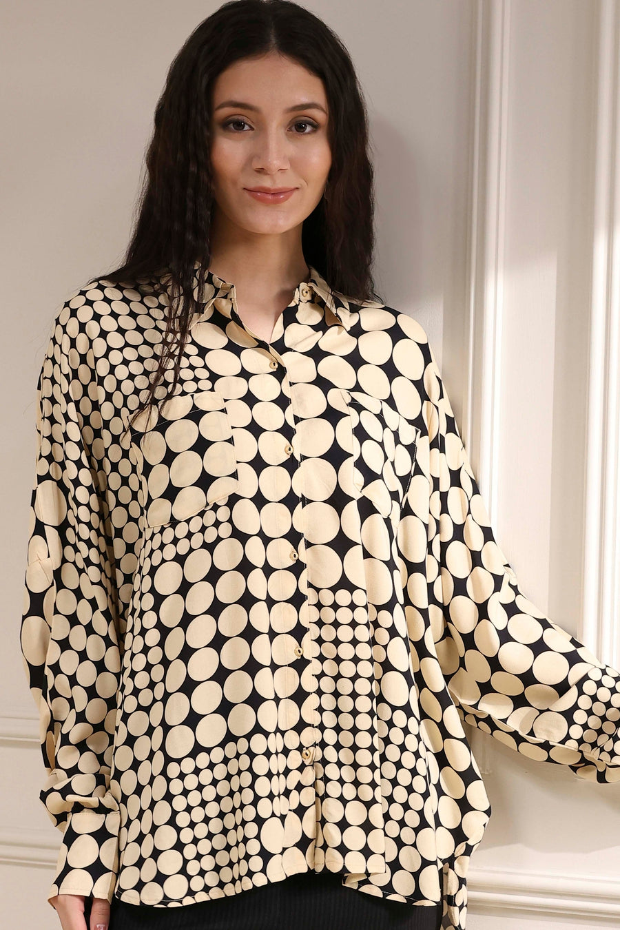 Ivory Viscose Asymmetric Printed Shirt K60