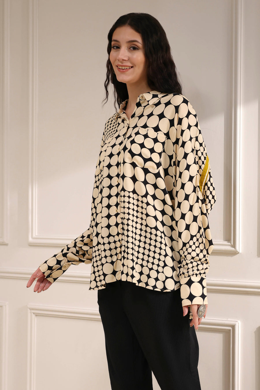 Ivory Viscose Asymmetric Printed Shirt K60