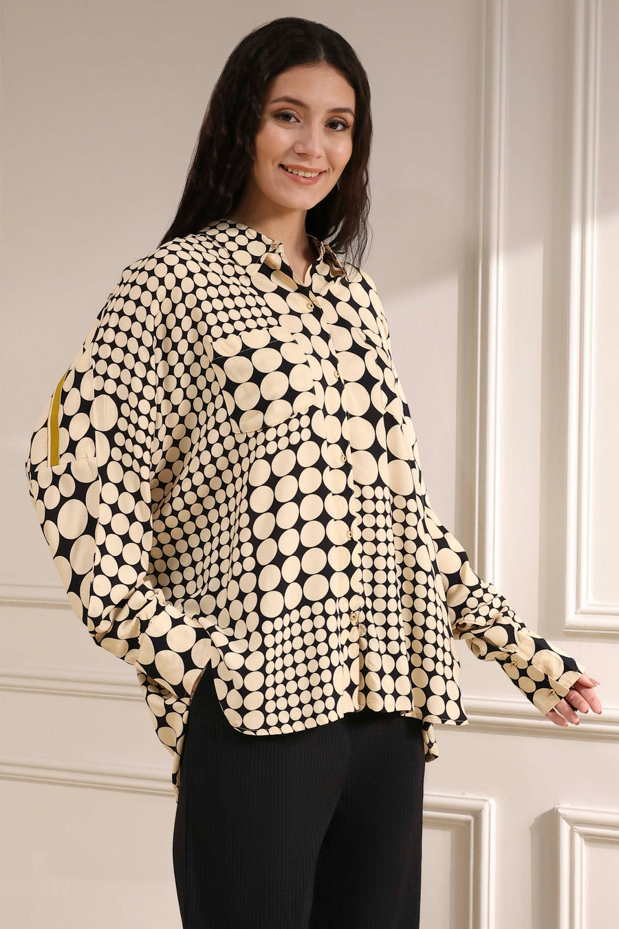 Ivory Viscose Asymmetric Printed Shirt K60