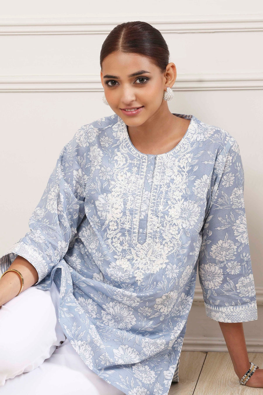 Powder Blue Cotton Printed Short Kurta K60