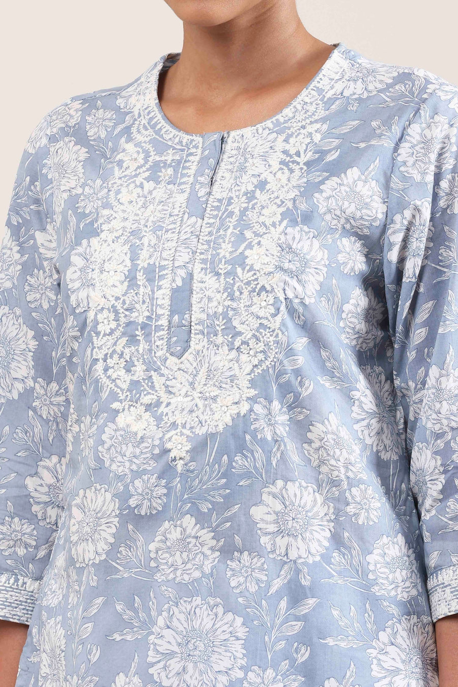 Powder Blue Cotton Printed Short Kurta K60