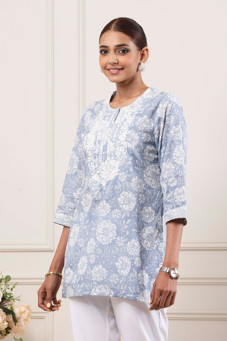 Powder Blue Cotton Printed Short Kurta K60