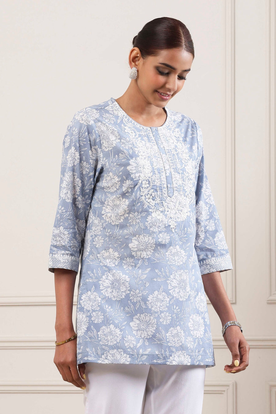 Powder Blue Cotton Printed Short Kurta K60