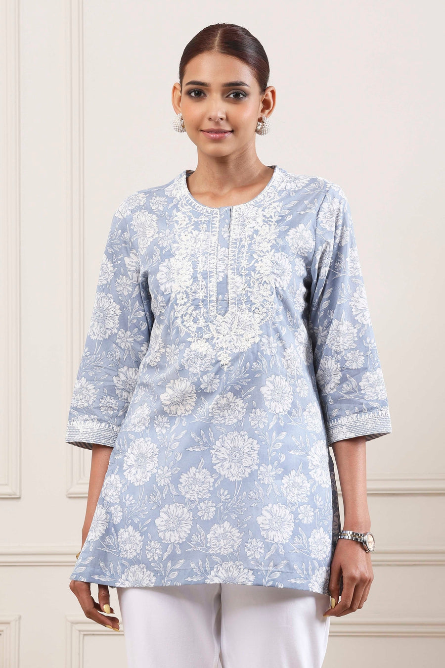Powder Blue Cotton Printed Short Kurta K60