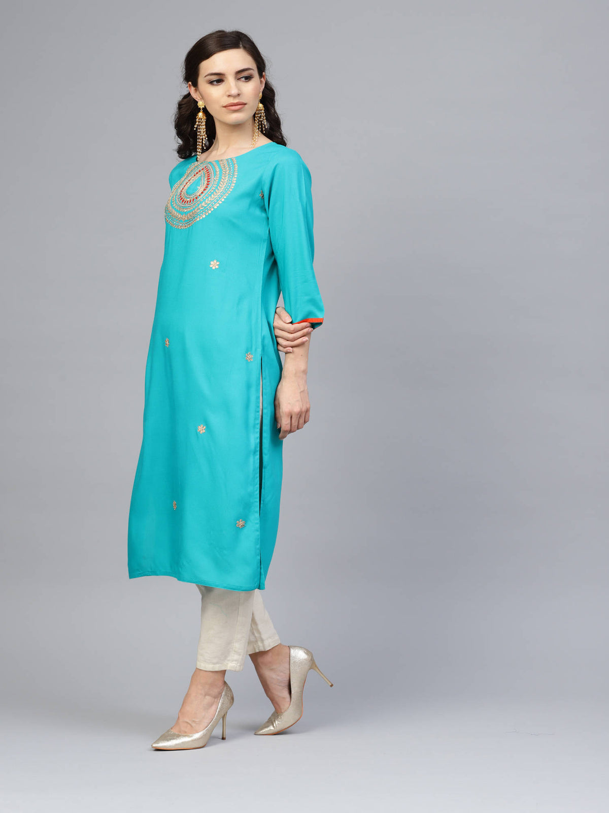 Green Hand Embroidered Straight Rayon Kurta | U3S - view 2
