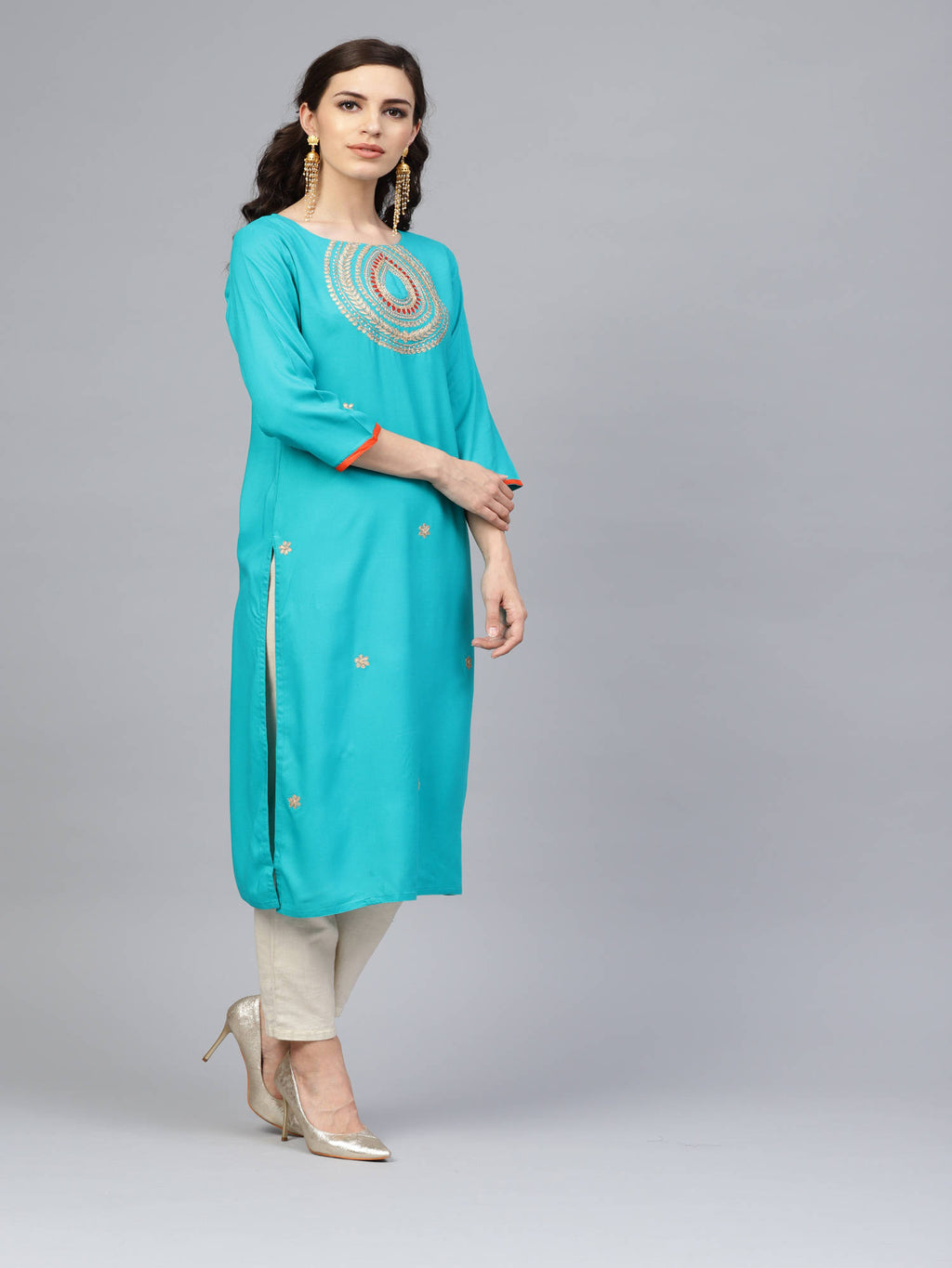 Green Hand Embroidered Straight Rayon Kurta | FY93 - view 3