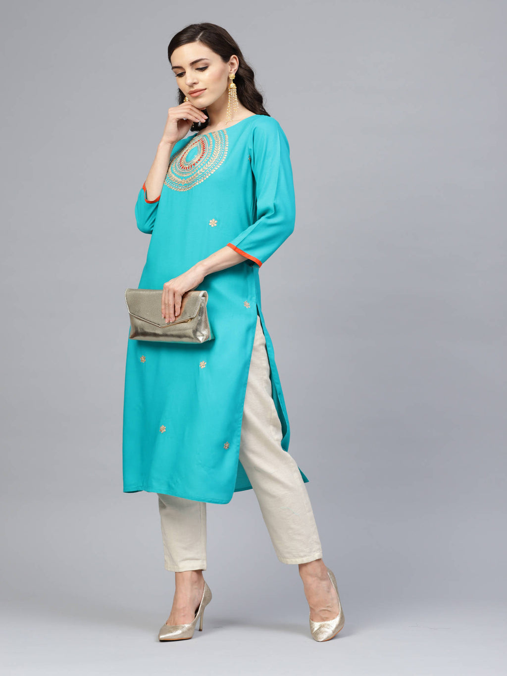 Green Hand Embroidered Straight Rayon Kurta | FY93 - view 5