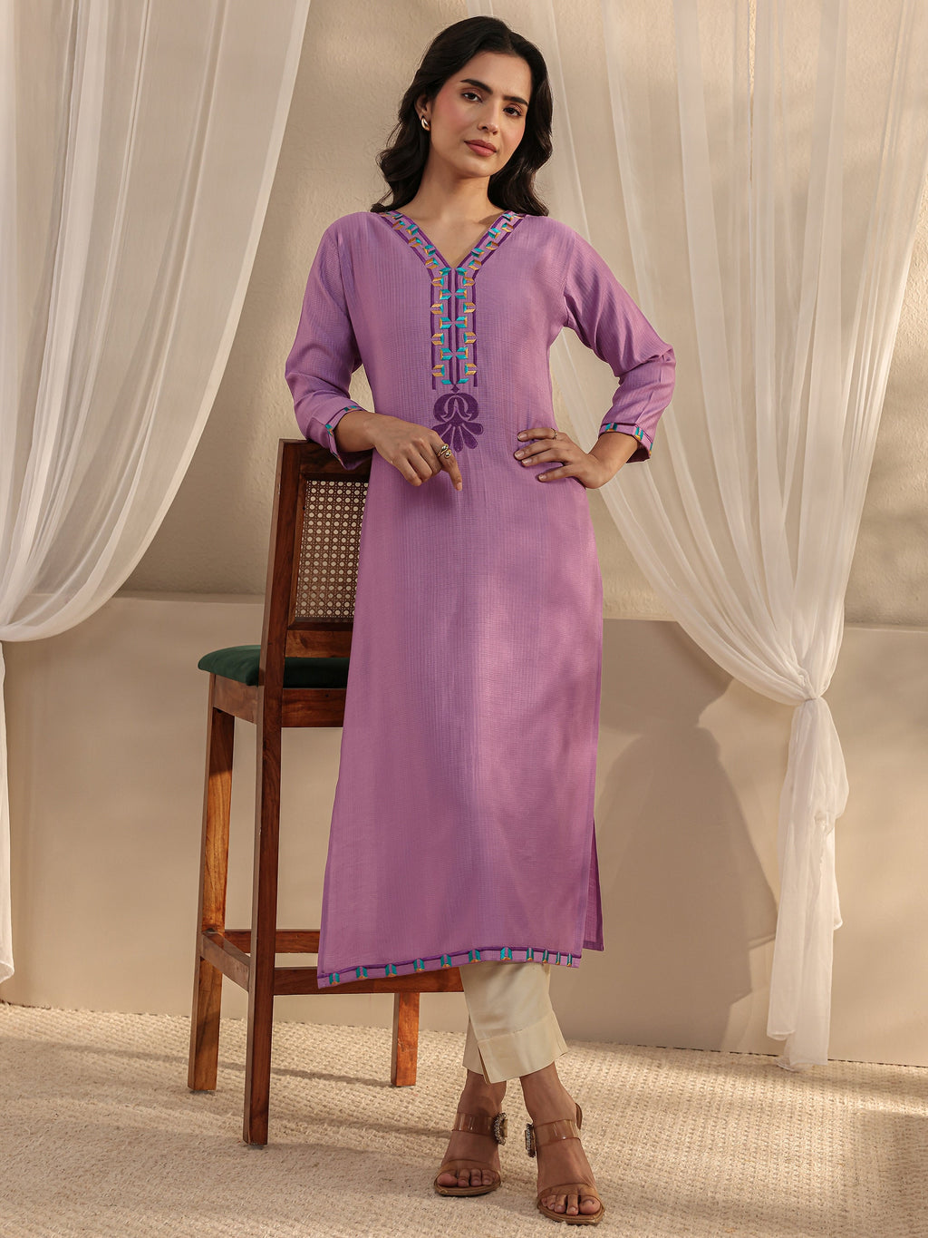Libas Lavender Embroidered Silk Blend Straight Kurta