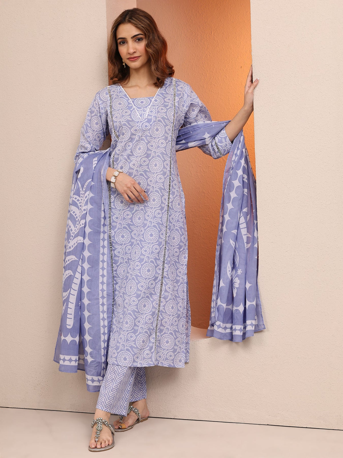 Libas Lavender Printed Cotton Straight Suit Set With Dupatta KS67