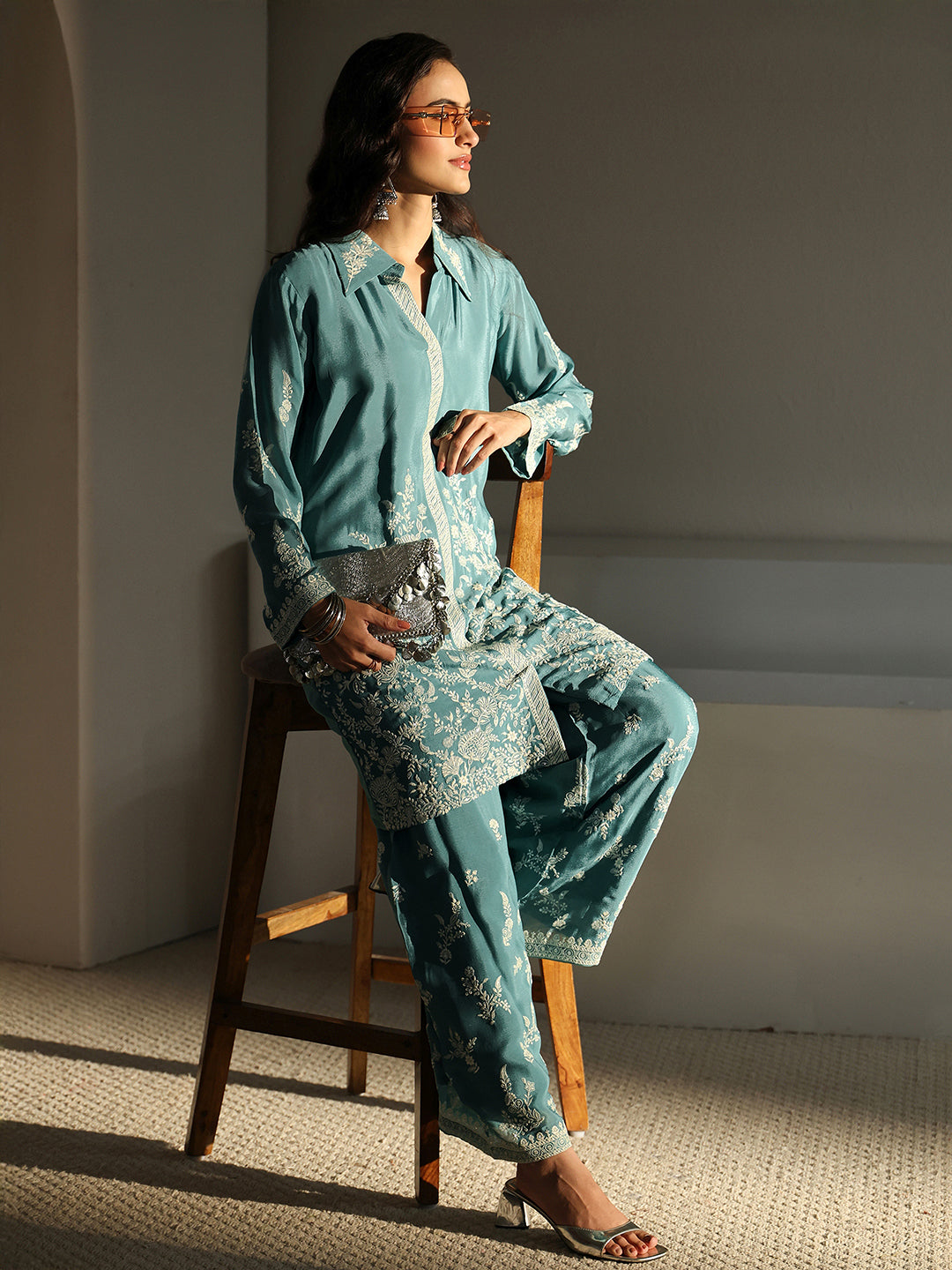 Libas Art Green Floral Embroidered Chinon Co-Ord Set CO87