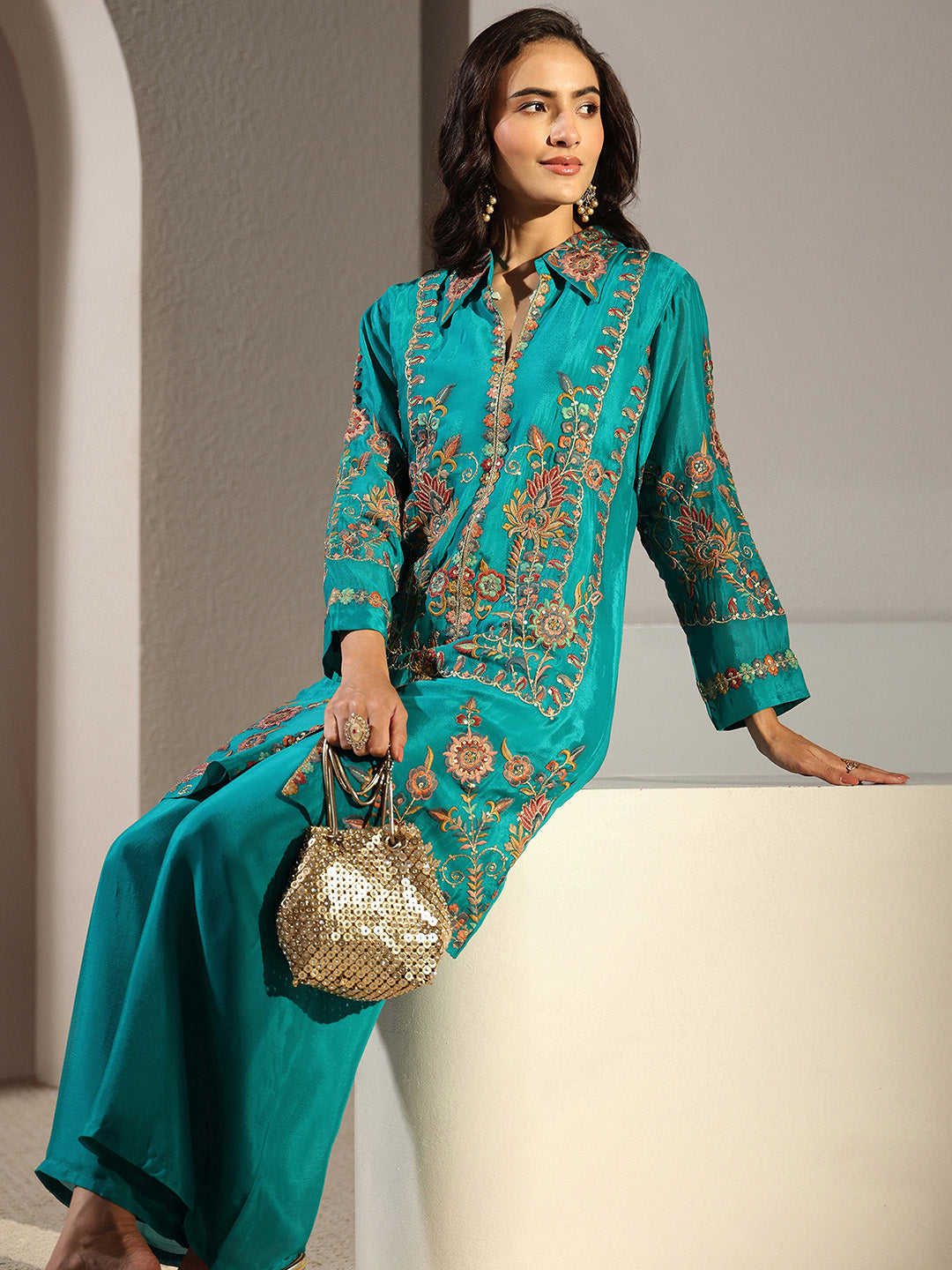 Libas Art Green Floral Embroidered Chinon Co-Ord Set CO87