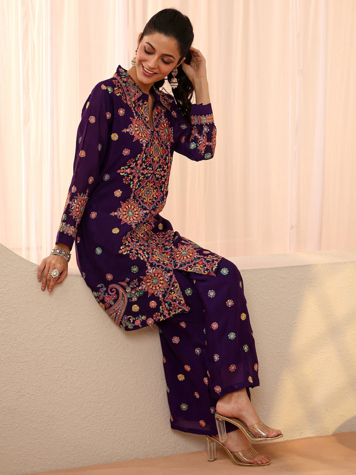 Libas Art Purple Ethnic Embroidered Crepe Co-Ord Set CO87