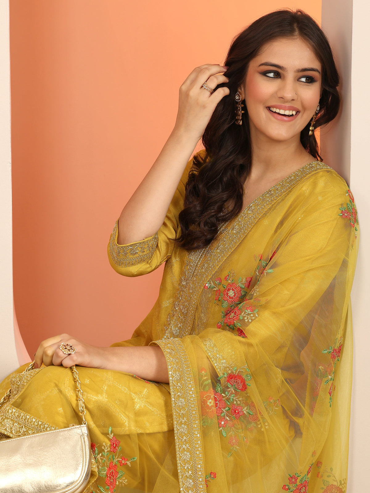 Libas Yellow Woven Design Silk Blend Straight Suit Set With Dupatta