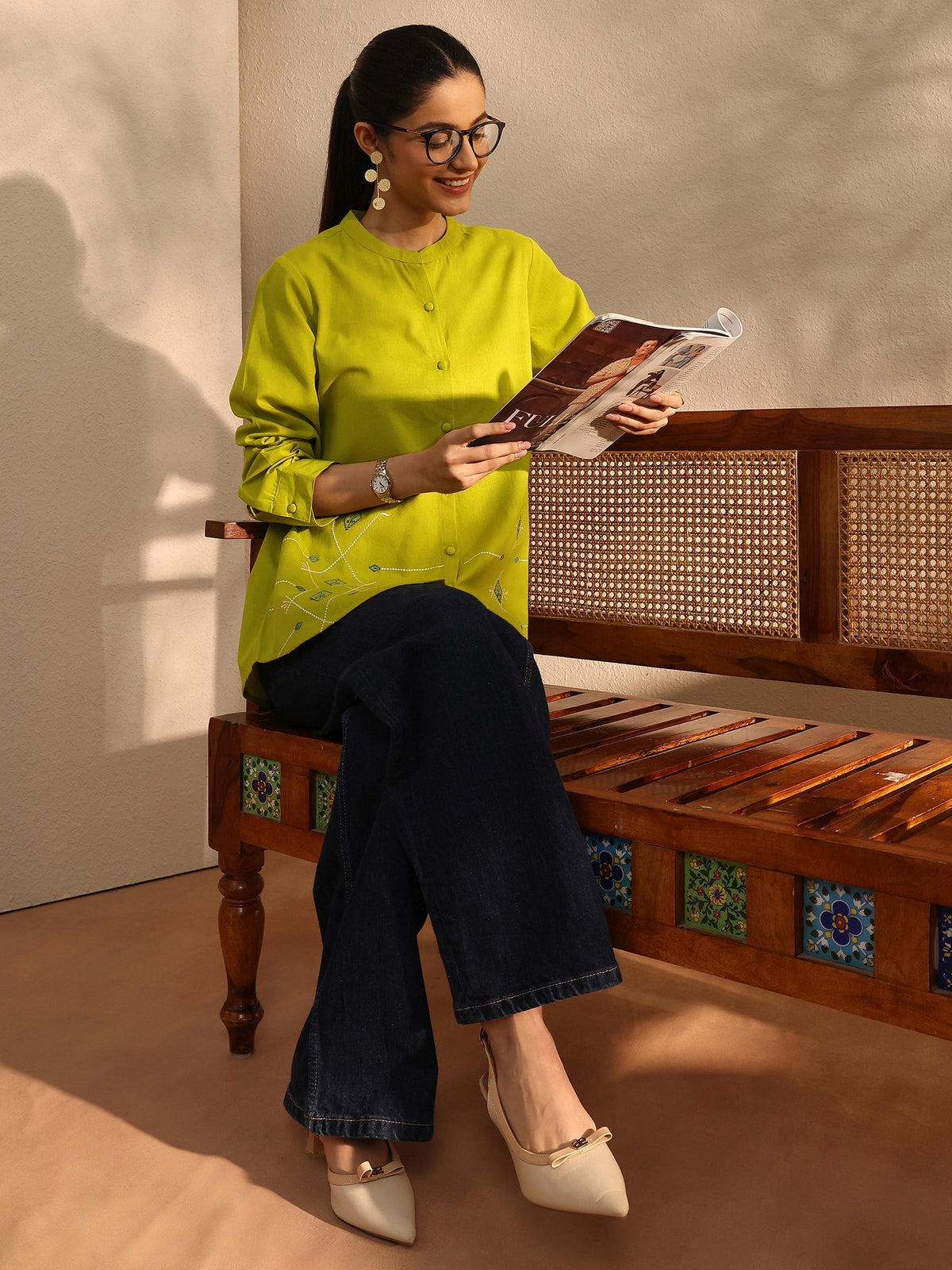 Libas Lime Green Self Design Linen Shirt