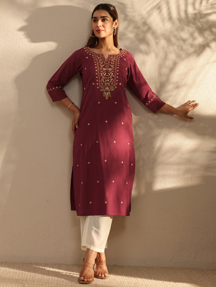 Libas Maroon Ethnic Motif Embroidered Cotton Straight Kurta