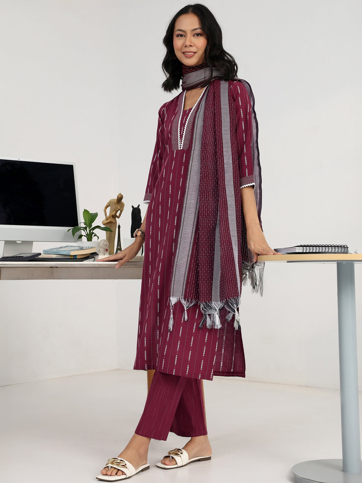 Gerua Maroon Ethnic Motif Woven Design Cotton Blend Straight Suit Set With Dupatta