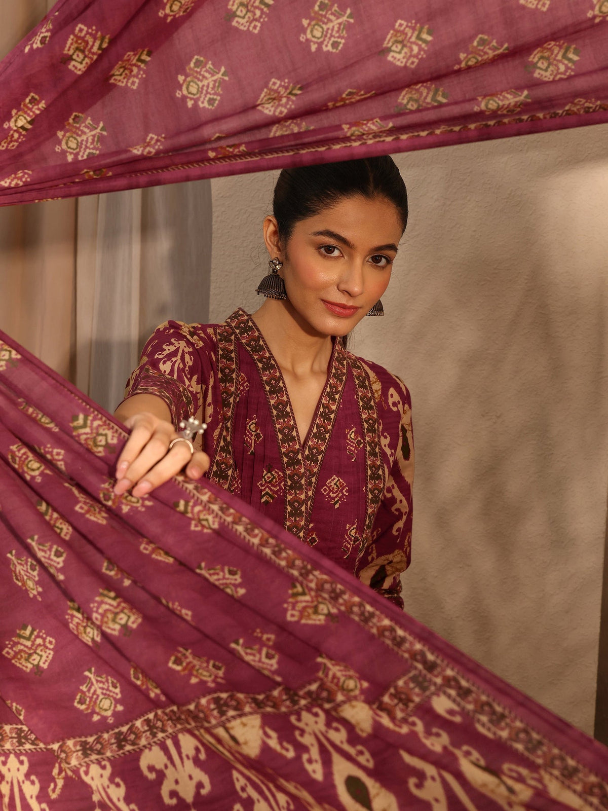 Libas Maroon Floral Printed Cotton Blend A-Line Suit Set With Dupatta KS67