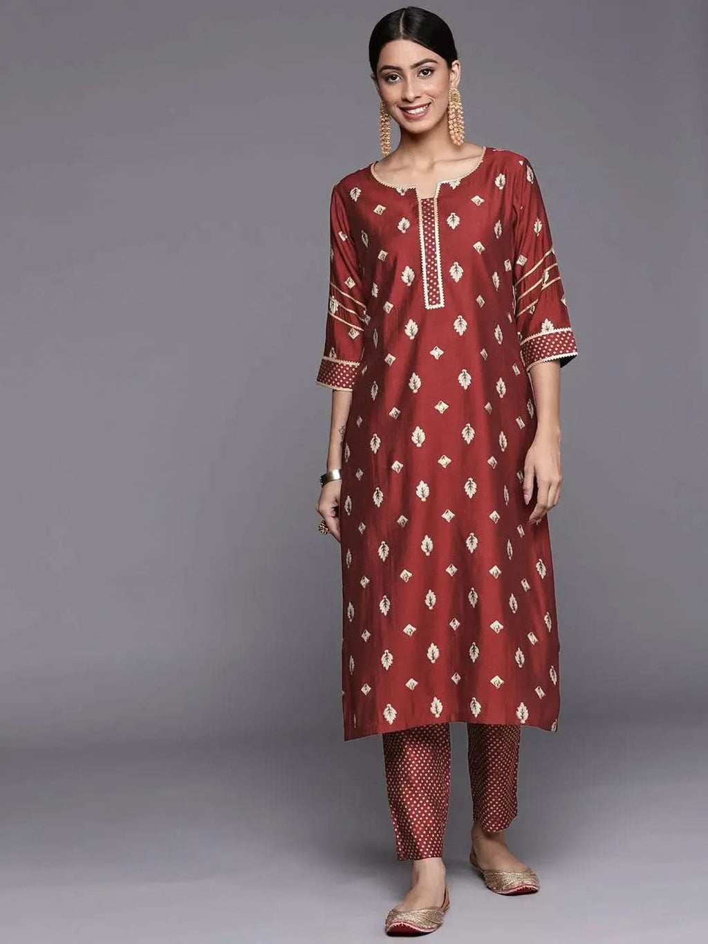 Gerua Maroon Printed Silk Straight Kurta