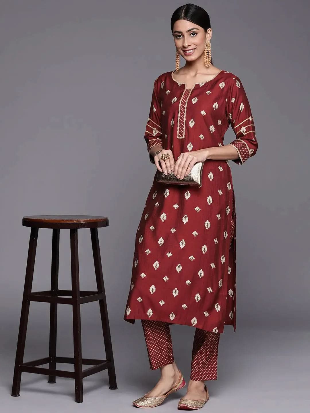 Gerua Maroon Printed Silk Straight Kurta