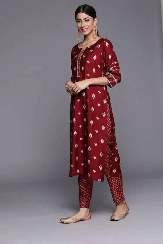 Gerua Maroon Printed Silk Straight Kurta