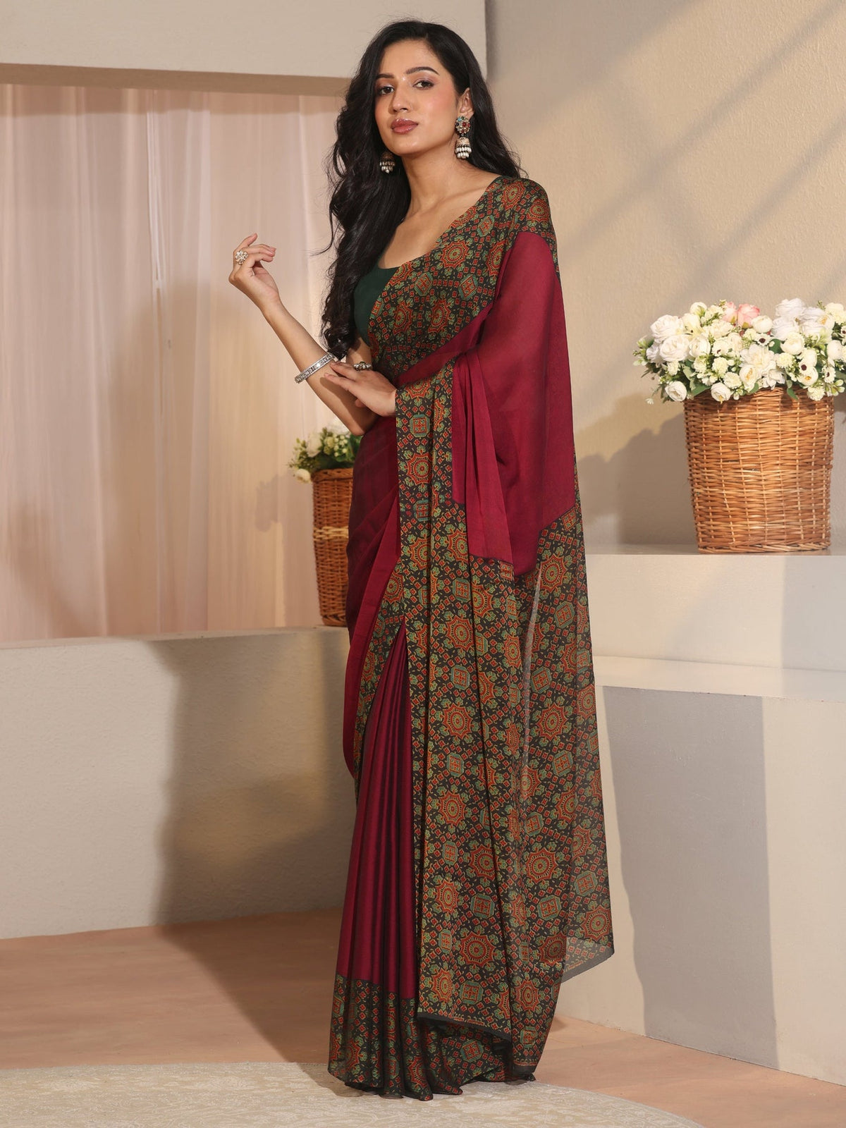 Libas Maroon Chiffon Saree with Printed Border S45