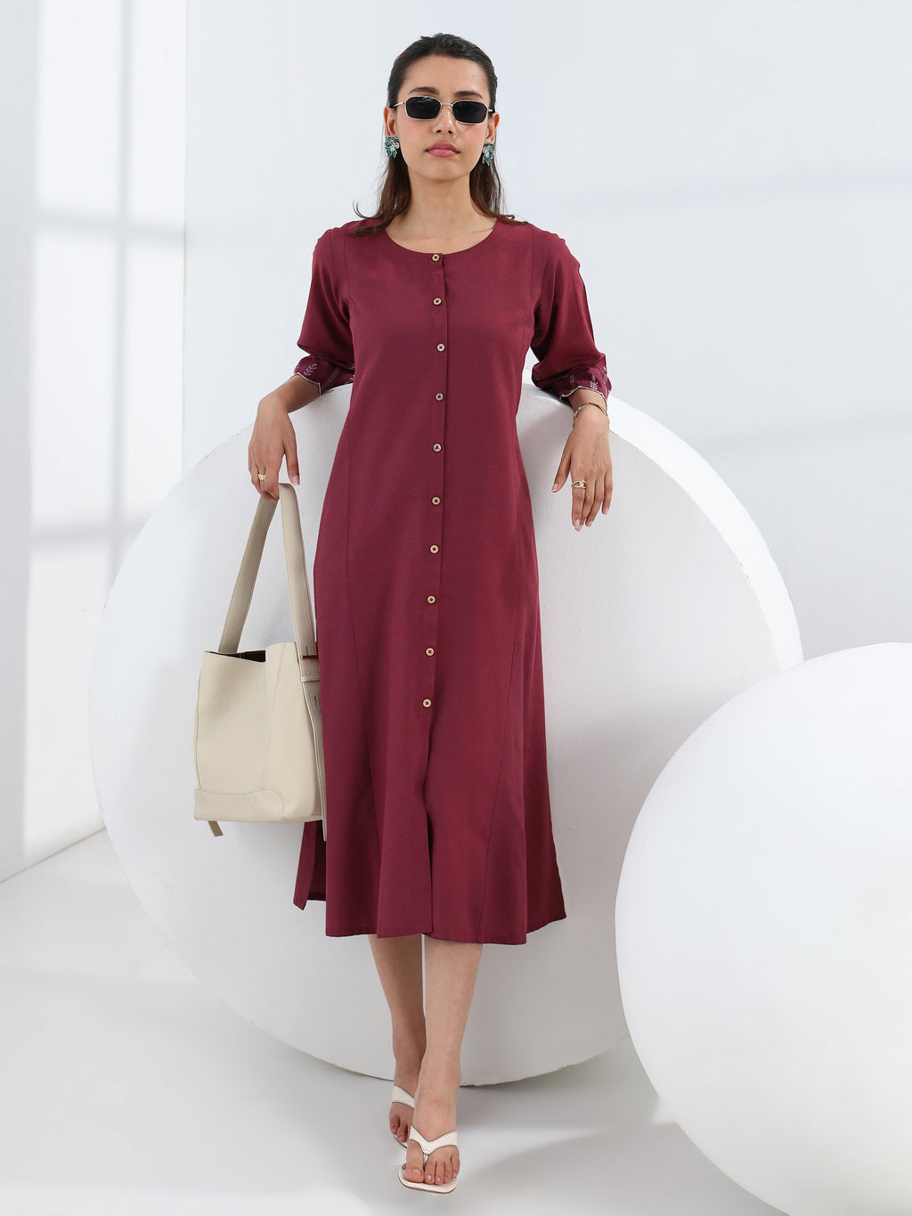 Gerua Maroon Solid Cotton Blend A-Line One Piece Dress