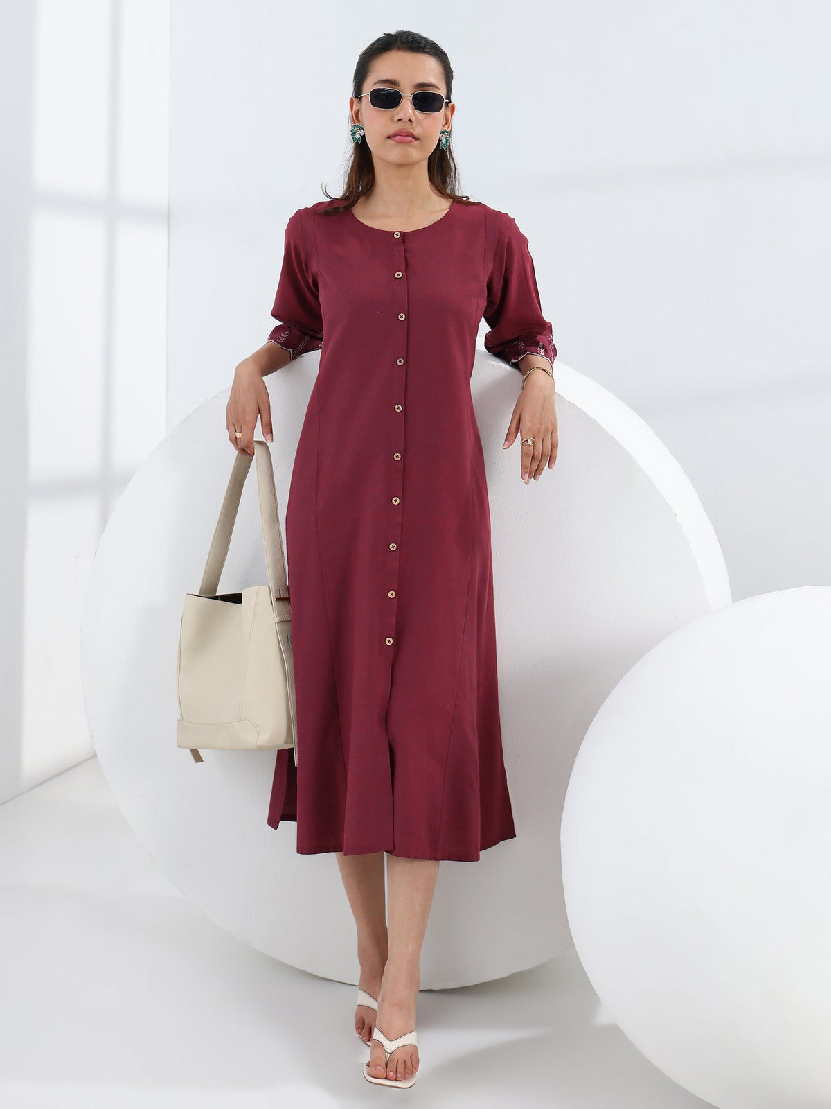 Gerua Maroon Solid Cotton Blend A-Line One Piece Dress