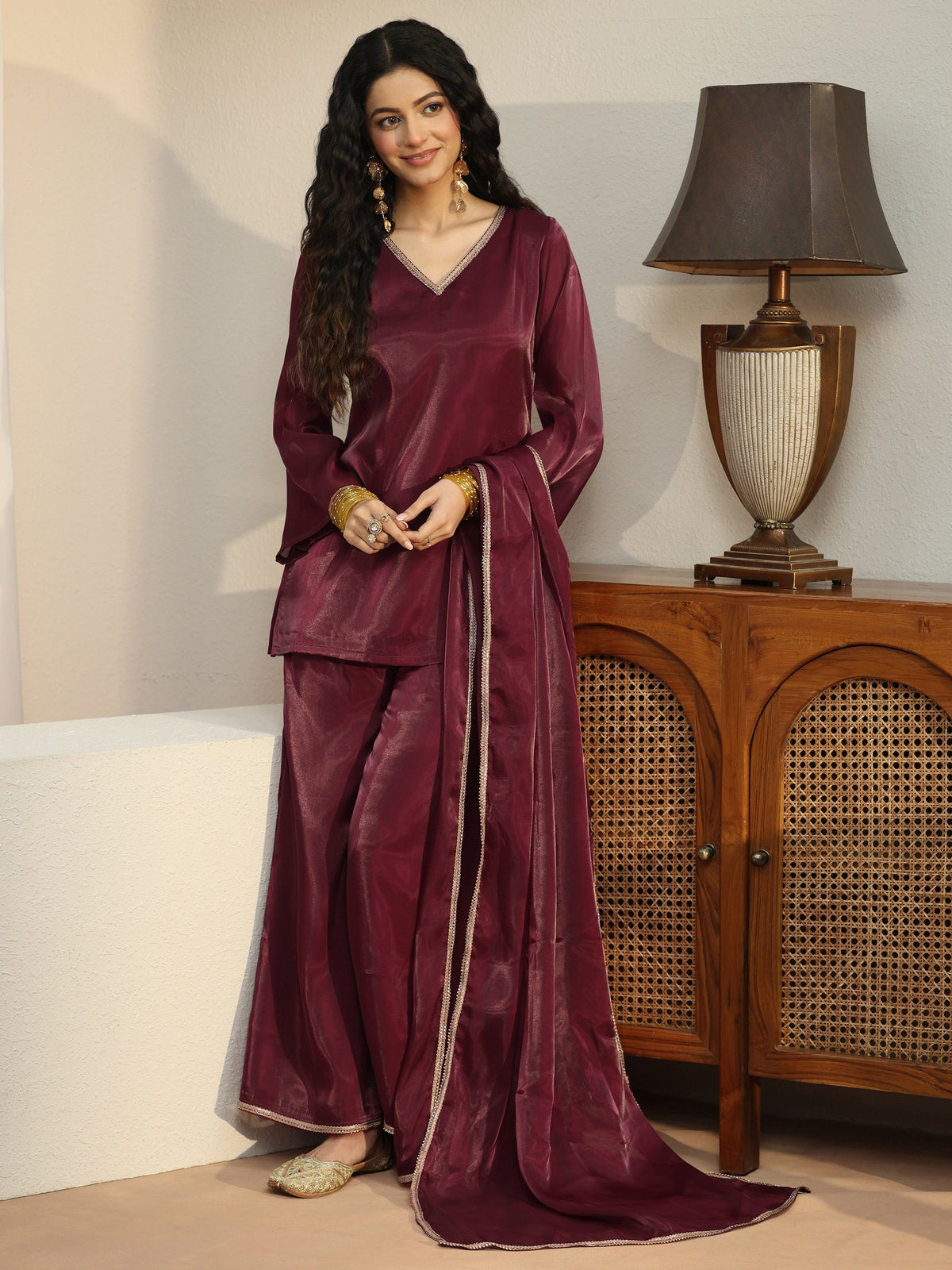 Gerua Maroon Solid Tissue Palazzo Suit Set