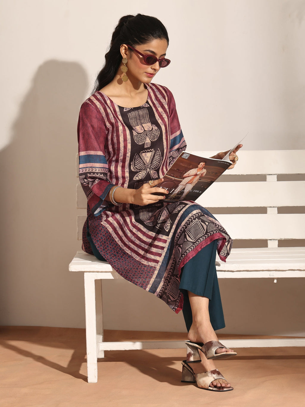 Libas Maroon Striped Printed Cotton Blend Straight Kurta