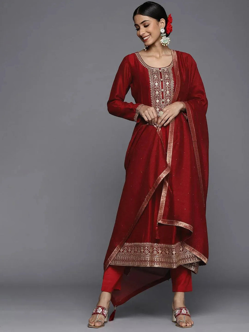 Libas Maroon Yoke Design Silk Blend Anarkali Suit Set With Dupatta