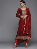 Libas Maroon Yoke Design Silk Blend Anarkali Suit Set With Dupatta