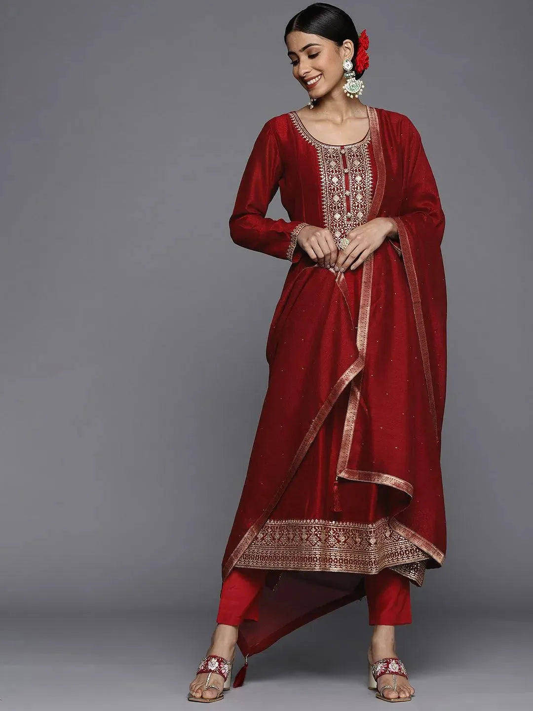 Libas Maroon Yoke Design Silk Blend Anarkali Suit Set With Dupatta