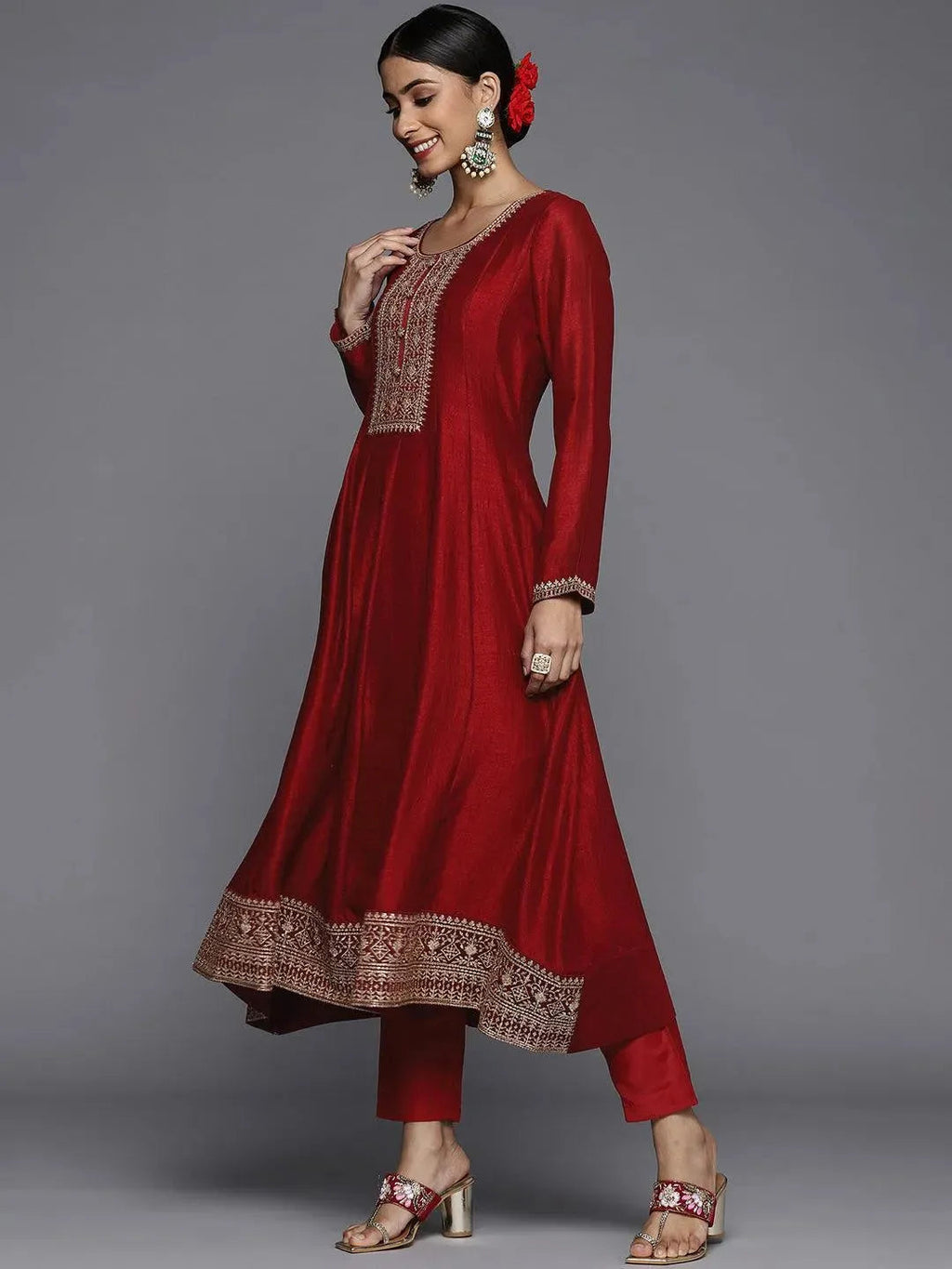 Libas Maroon Yoke Design Silk Blend Anarkali Suit Set With Dupatta