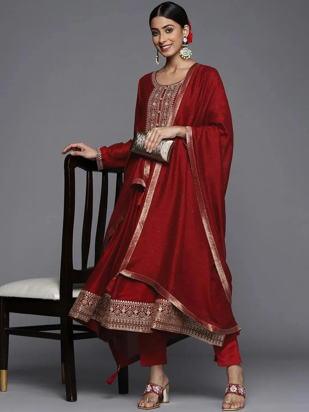 Libas Maroon Yoke Design Silk Blend Anarkali Suit Set With Dupatta
