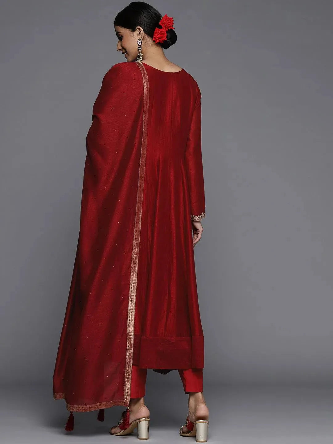 Libas Maroon Yoke Design Silk Blend Anarkali Suit Set With Dupatta