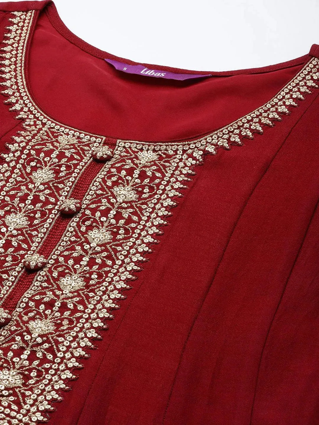 Libas Maroon Yoke Design Silk Blend Anarkali Suit Set With Dupatta