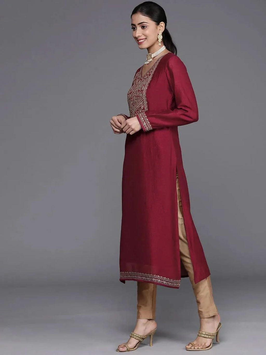 Gerua Maroon Yoke Design Silk Kurta