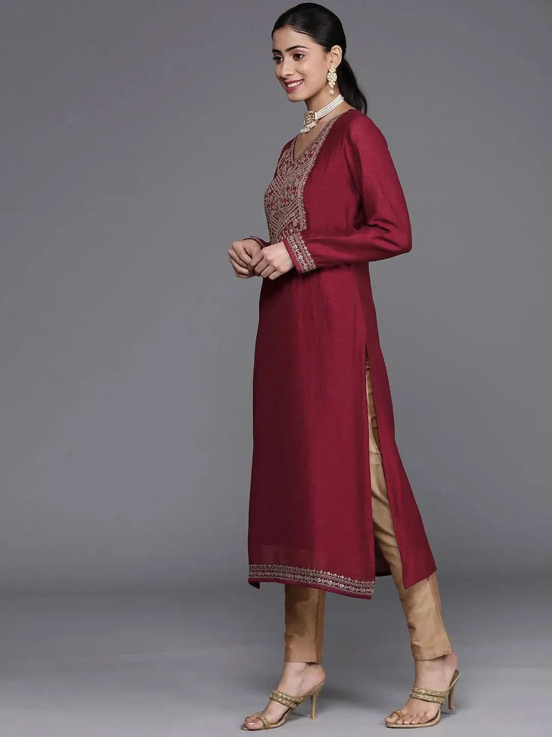 Gerua Maroon Yoke Design Silk Kurta