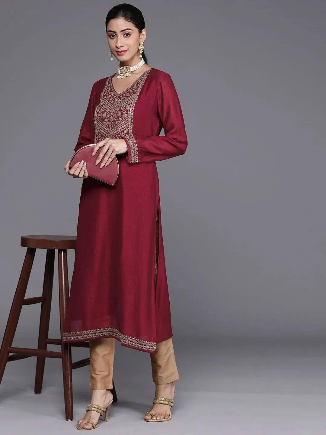 Gerua Maroon Yoke Design Silk Kurta