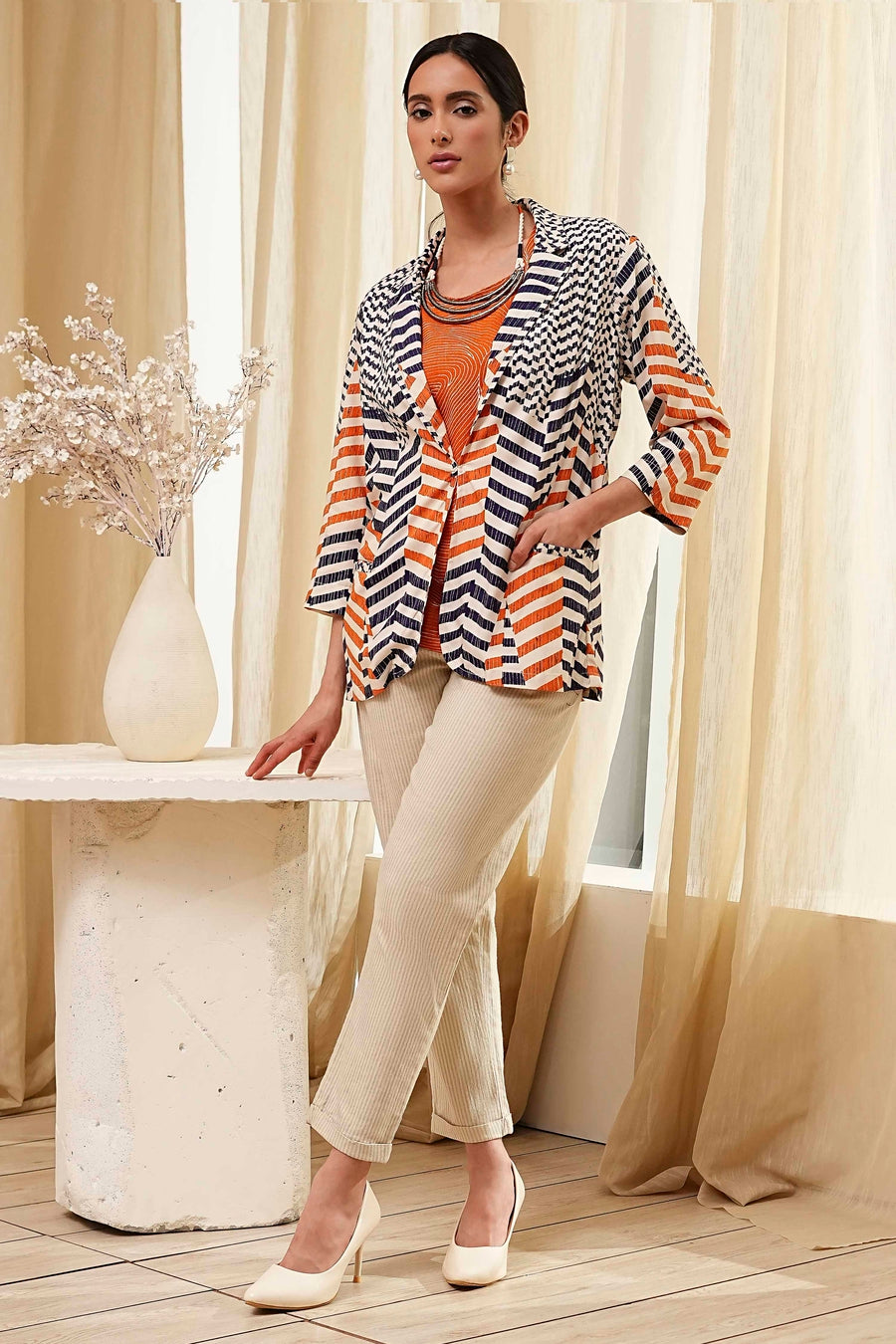 Orange Printed Straight Jacket K60