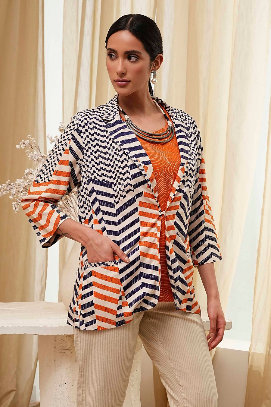Orange Printed Straight Jacket K60