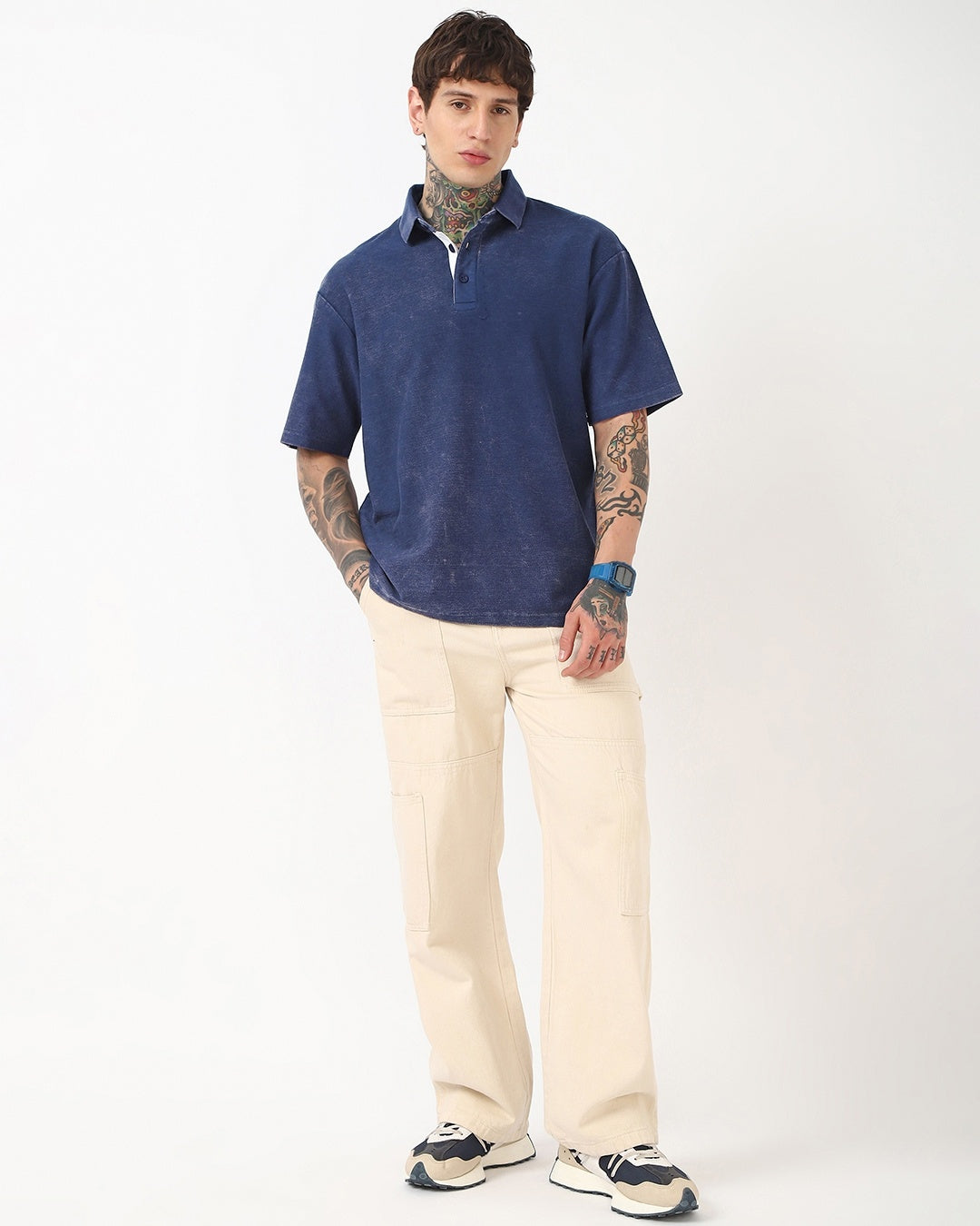 Men's Blue Oversized Acid Wash Polo T-shirt Morrislane