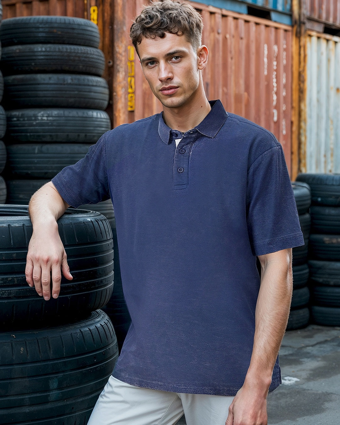 Men's Blue Oversized Acid Wash Polo T-shirt Morrislane